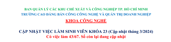 VIỆC LÀM KHÓA 23 NGÀNH ĐIỆN ĐIỆN TỬ-CƠ KHÍ (Sau thực tập tốt nghiệp 3 tháng)